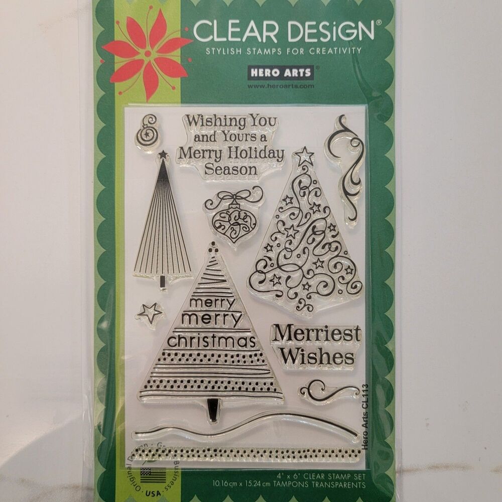 Hero Arts MERRIEST WISHES Clear Cling Stamp Set of 12 Trees Ornaments Swirls